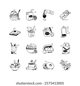 A vibrant set of food and drink icons in a modern, hand drawn style