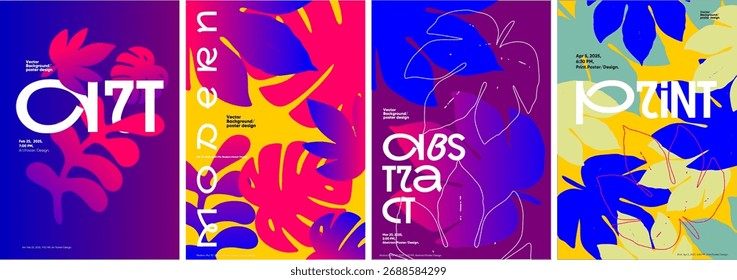 A vibrant set of four abstract vector posters featuring bold, colorful leaf designs and modern typography. Each poster highlights different dates and times for art and design events