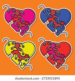 A vibrant set of four broken heart illustrations, mended with laces. This pop-art sticker style vector represents emotional healing, relationship recovery, and mental health resilience. Perfect for stickers, posters, and digital designs.