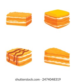 Vibrant set of four cartoonstyle layered cake illustrations, perfect for dessertthemed designs