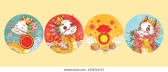 Vibrant set of four circular illustrations featuring a whimsical dragon dance, traditional Chinese coins, red envelopes, and blooming flowers against a yellow background.Chinese New Year Dragon.