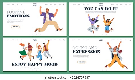 A vibrant set of four illustrations with people jumping joyfully. Ideal for motivation, happiness, teamwork, youth empowerment, positive vibes. Cartoonish, energetic, colorful