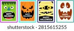 A vibrant set of four rectangular postage stamps featuring classic helloween characters: a monster, pumpkin, mummy, and ghost, all with 