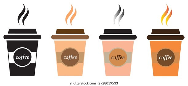 A vibrant set of four steaming coffee cups in varied colors, perfect for beverage-related designs