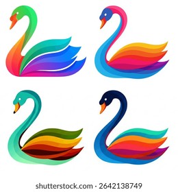 A vibrant set of four stylized swan illustrations, each featuring a unique and colorful gradient palette.