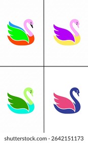 A vibrant set of four stylized swan illustrations, each featuring unique and contrasting color palettes.