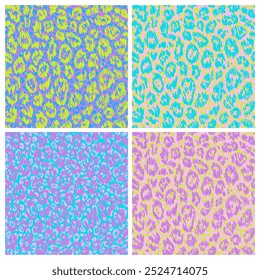 A vibrant set of four vector illustrations featuring neon leopard print patterns in various bright color combinations. Perfect for use in fashion, home decor, and graphic design projects.
