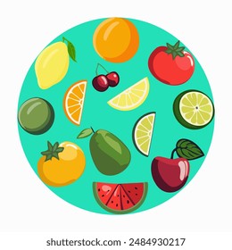 Vibrant set of fruits arranged in a circle on a solid background. Perfect for fresh, healthy lifestyle designs, kitchen decor, and culinary-themed projects
