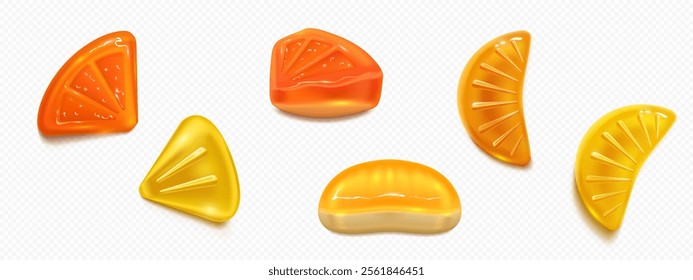 Lebendige Gummischeiben aus Zitrone und Orange. Realistische 3D bunt gelb und bernsteinfarben süßen saftigen Gelee Leckereien mit glänzender Textur. Süßwaren aus Zuckergelatine. Verschiedene Marmeladen-Desserts.