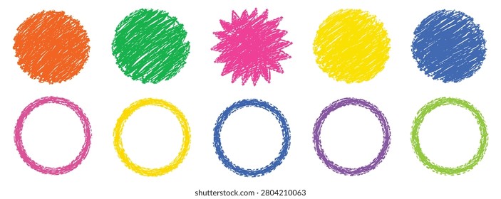 Vibrant set of hand-drawn crayon circles and dots in assorted bright colors arranged in two rows.