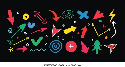 A vibrant set of hand-drawn icons featuring arrows, symbols, and doodles, perfect for adding a playful and unique touch to your designs.