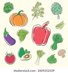 A vibrant set of hand-drawn vegetables including peppers, avocado, pumpkin, and more. Perfect for healthy food concepts.
