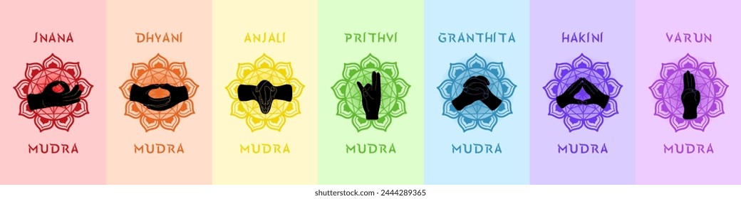 Vibrant set of icons for mudras and their gestures. Isolated collection of sleek pictograms where mudra gesture shown on mandala and set on rainbow background. Easy catch for esoteric decoration.