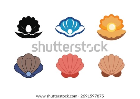 A vibrant set of illustrated seashell icons, each adorned with exquisite pearls, perfect for marine or coastal themed designs.