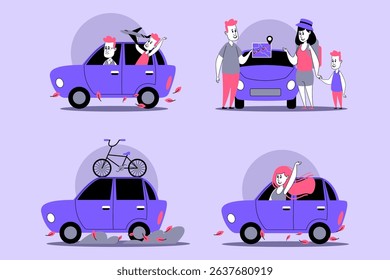 Vibrant set of illustrations with playful car scenes with characters engaging in fun activities, such as cycling and celebrating with family in colorful vehicles