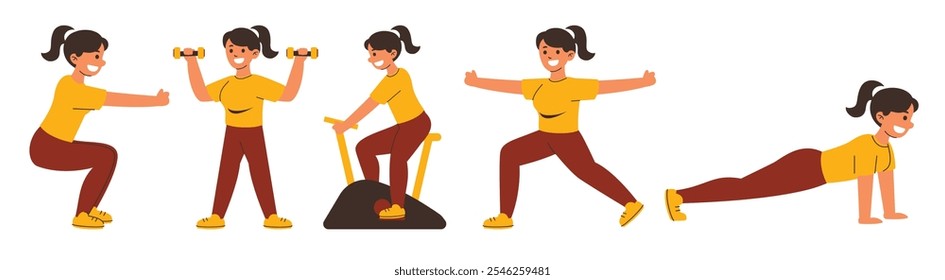 Un vibrante conjunto de ilustraciones que muestran a una atleta haciendo sentadillas, levantando pesas, ciclismo, estiramiento y flexiones, diseñado para temas de fitness y salud.