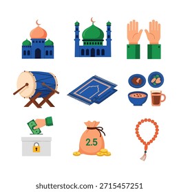 Un vibrante conjunto de iconos islámicos con mezquitas azules y verdes, manos de oración, un tambor tradicional, símbolos de caridad zakat y comida iftar. Perfecto para diseños festivos de Eid.