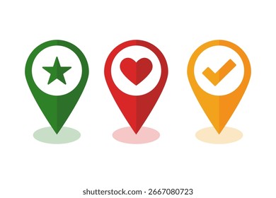 Conjunto vibrante de marcadores de ubicación que muestran estrella, corazón y marca de verificación