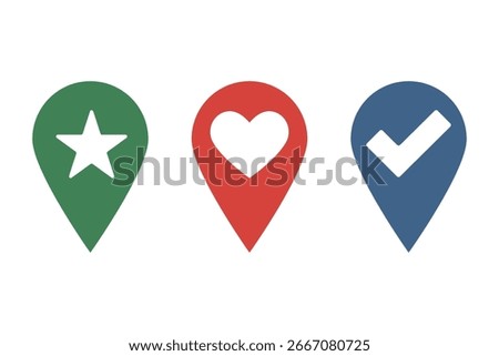 vibrant set of location markers showcasing star,  heart, and checkmark