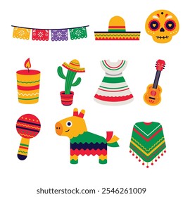 Um conjunto vibrante de ilustrações com tema mexicano, incluindo sombreros, pinatas, maracas e símbolos do Dia dos Mortos, perfeito para projetos culturais e festivos.