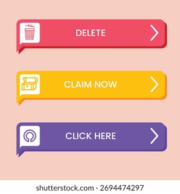 Un vibrante conjunto de Botones de Web modernos de llamada a la acción con íconos. Esta colección de elementos de interfaz de usuario incluye opciones de Borrar, Reclamo ahora y Hacer clic aquí para la navegación por Sitio web o App