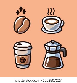 A vibrant set of modern coffee icons featuring coffee beans, steaming cups, to-go coffee, and a coffee maker. Perfect for cafes, branding, or web design projects