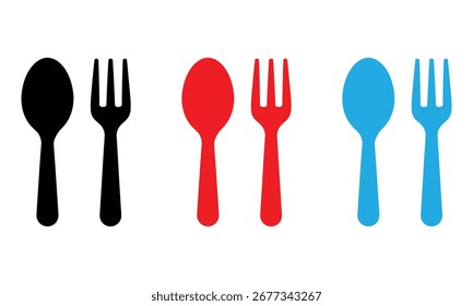 Lebendige moderne Löffel- und Gabelsymbole in Schwarz, Rot und Blau, perfekt für kulinarische Branding- und Restaurantdesign-Konzepte