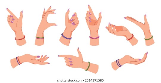 Vibrante Conjunto De Múltiples Manos Femeninas Con Coloridas Pulseras Y Esmalte De Uñas En Varios Gestos. Imagen de Vector de dibujos animados