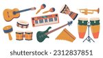 Vibrant Set Of Musical Instruments for Playing Reggae Music. Drums, Guitar, Keyboard, And Percussion Vector Illustration