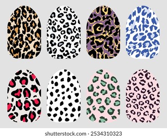 Um conjunto vibrante de desenhos de arte de unhas com 8 estilos de padrão de pele de leopardo único. Este conjunto de manicura colorido mostra ideias na moda e ousadas para pregos. Perfeito para beleza, moda e salões de unhas.