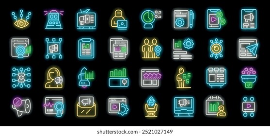 Vibrant set of neon icons representing various aspects of digital marketing, from strategy and analytics to content creation and social media engagement