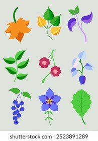 A vibrant set of nine illustrated floral elements, featuring various blooming flowers, leaves, and berries. Perfect for adding a touch of nature to your designs.