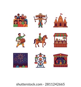 A vibrant set of nine square icons depicting various elements of Indian festivals and celebrations, including people, religious figures, and entertainment.