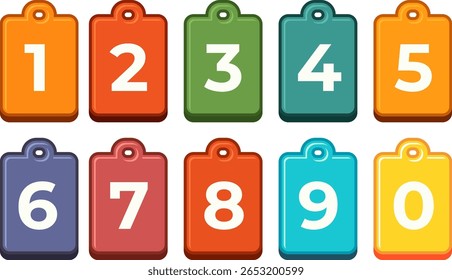Um conjunto vibrante de tags numeradas de 1 a 0 em várias cores. Ideal para ferramentas educacionais, organização, indexação e designs interativos