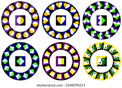 Vibrant set of optical illusion circular frames and elements for pattern brushes. Perfect for retro-style designs, psychedelic art, and creative packaging layouts. 