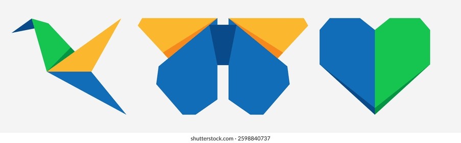 A vibrant set of origami figures featuring a bird, a butterfly, and a heart. These colorful geometric designs are ideal for adding an artistic touch to any project.