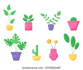 Vibrant set of potted plants, succulents, and flowers in decorative pots isolated on transparent background. Modern botanical illustration perfect for home decor and design concepts. Vector art.