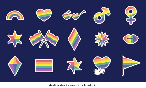 A vibrant set of Pride rainbow stickers icons - flat vector designs, symbolizing LGBTQ pride and inclusivity. Great for Pride celebrations, awareness, and community projects.