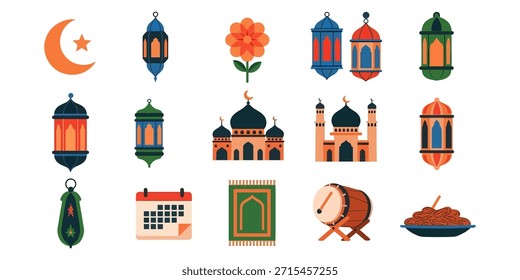Conjunto vibrante de ícones do Ramadã com lanternas tradicionais, mesquitas, luas de crescente, um tapete de oração e um tambor bedug. Perfeito para saudações festivas do Eid e designs de aplicativos.