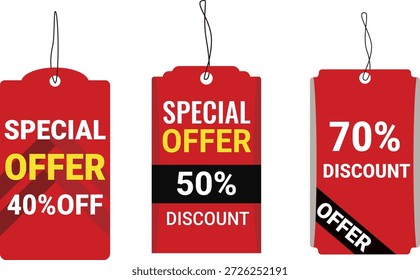 Un vibrante conjunto de etiquetas de Precio de ofertas especiales rojas con mensajes de 40%, 50% y 70% de descuento. Diseñadas con una tipografía atrevida y un estilo de cadena colgante, estas etiquetas de venta son ideales para tiendas minoristas, promociones de comercio electrónico, Anuncios publicitarios y campañas de marketing.