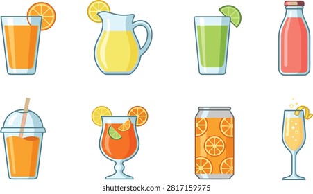 A vibrant set of refreshing citrus beverages including orange juice, lemonade pitcher, lime drink, soda can, and cocktails. Perfect for summer menus, juice bar branding, party invitations, and beverage packaging design.