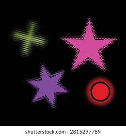 A vibrant set of retro Y2K style halftone geometric vector elements featuring neon stars, a cross symbol, and a radial circle design set against a dark black background. Perfect for modern graphic design, techno poster art, streetwear apparel prints, social media graphics, and creative digital assets.
#HalftoneDesign #Y2KGraphic #RetroVector #NeonStar #GeometricShapes #GraphicDesign #VectorArt #StreetwearDesign #DigitalAssets #Y2KAesthetic