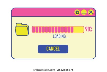 A vibrant set of retro-style user interface icons and window illustrations featuring file folders, loading bars, error messages, and media controls. Designed with playful colors such 