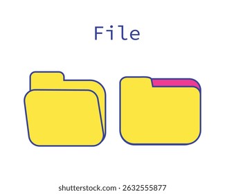 A vibrant set of retro-style user interface icons and window illustrations featuring file folders, loading bars, error messages, and media controls. Designed with playful colors such 