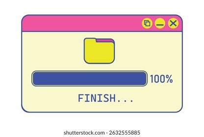 A vibrant set of retro-style user interface icons and window illustrations featuring file folders, loading bars, error messages, and media controls. Designed with playful colors such 