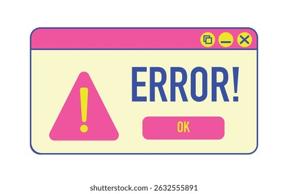 A vibrant set of retro-style user interface icons and window illustrations featuring file folders, loading bars, error messages, and media controls. Designed with playful colors such 