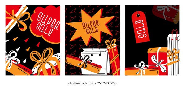 Vibrant set of sale cards in black, red, orange colors with gift boxes, price tags, and Super Sale text. Perfect for seasonal promotions, discounts, and shopping events, Black Friday