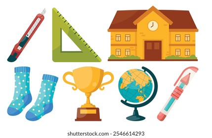 A vibrant set of school-related illustrations, including a ruler, school building, globe, trophy, socks, cutter, and pen. Ideal for educational and academic projects.