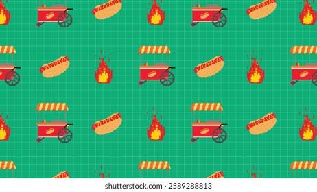 A vibrant set of seamless food truck background featuring street food elements like hot dogs, sausages, ketchup bottles, and fries in a fun, colorful grid layout. Ideal for packaging, branding.