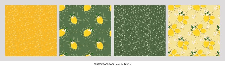Vibrant set of seamless lemon patterns. Includes designs with whole lemons, blossoms, abstract lines, and textured backgrounds in yellow and green. Perfect for fresh, summery projects.Vector
